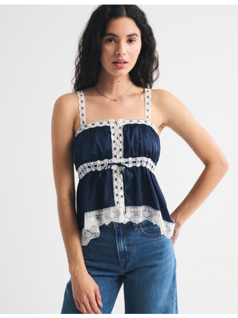 Abercrombie & Fitch Navy Lace Trim Button Through Cami